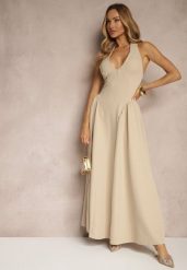 Beżowa Rozkloszowana Sukienka Halter z Wiązaniem i Odkrytymi Plecami Senicce. Brązowe sukienki damskie Renee, bez wzorów, eleganckie, bez ramiączek. W wyprzedaży za 111.99 zł.