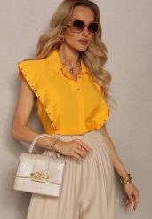 Pomarańczowa Wiskozowa Koszula bez Rękawów z Rozcięciami z Tyłu i Ćwiekami Drimelia. Brązowe koszule damskie Renee, l, bez wzorów, z jeansu, eleganckie, bez kołnierzyka, bez ramiączek. Za 49.99 zł.