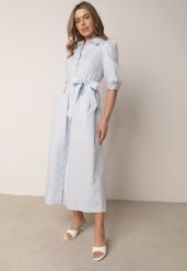 Niebieska Rozkloszowana Sukienka Koszulowa w Stylu Retro z Bawełny z Wiązaniem Cirire. Niebieskie sukienki damskie Born2be, bez wzorów, z bawełny, eleganckie, bez ramiączek. Za 199.99 zł.