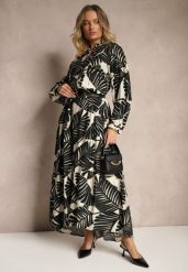 Czarna Rozkloszowana Sukienka z Wiskozy z Motywem Liści Wilvesia. Czarne sukienki damskie Renee, bez wzorów, z wiskozy, eleganckie, bez ramiączek. W wyprzedaży za 99.99 zł.