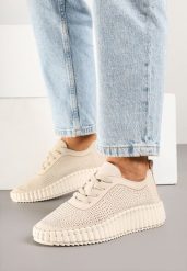 Jasnobeżowe Ażurowe Sneakersy na Grubej Podeszwie z Tłoczeniem Ronele. Brązowe obuwie sportowe damskie Born2be, bez zapięcia. Za 84.99 zł.