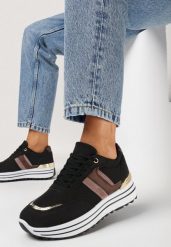 Czarne Sneakersy na Platformie z Ozdobnymi Wstawkami Nabba. Czarne obuwie sportowe damskie Born2be, bez zapięcia. Za 89.99 zł.