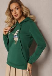 Zielona Ocieplana Bluza z Ozdobnym Nadrukiem i Kapturem Hitee. Zielone bluzy damskie Renee, l, z aplikacjami, z dzianiny, z kapturem. Za 79.99 zł.