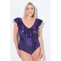 Damski Kostium kąpielowy wzór skóra węża miękkie miseczki falbana z recyklingu. Fioletowe stroje jednoczęściowe Ulla Popken, bez wzorów, z elastanu. W wyprzedaży za 191.99 zł.