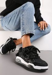 Czarne Sneakersy z Perforacją i Materiałowymi Wstawkami z Ozdobnym Sznurowaniem Luneth. Czarne obuwie sportowe damskie Renee, z materiału, bez zapięcia. Za 89.99 zł.