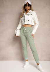 Jasnozielone Spodnie Dresowe z Bawełny High Waist Ozdobione Kieszeniami na Suwak Fedela. Zielone spodnie dresowe damskie Renee, bez wzorów, z bawełny, długie. Za 49.99 zł.