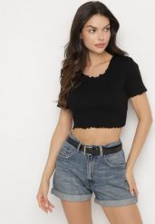 Czarny Prążkowany T-shirt z Bawełną Adlesa. Czarne t-shirty damskie Born2be, l, bez wzorów, z bawełny, bez kołnierzyka. Za 39.99 zł.