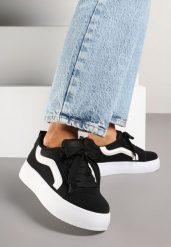 Czarne Sneakersy na Grubej Podeszwie z Ozdobnym Paskiem Kornelie. Czarne obuwie sportowe damskie Born2be, z jeansu, bez zapięcia. Za 74.99 zł.