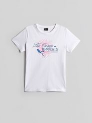 4F T-shirt regular z nadrukiem damski - biały S. Białe t-shirty damskie 4F, s, bez wzorów, z bawełny, bez kołnierzyka. Za 59.99 zł.