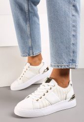 Biało-Beżowe Sneakersy na Grubej Podeszwie z Plecioną Wstawką i Błyszczącymi Detalami Issla. Białe obuwie sportowe damskie Born2be, bez zapięcia. Za 89.99 zł.