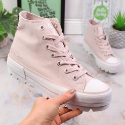 Trampki damskie za kostkę nude Big Star LL274157. Trampki damskie Big Star, bez wzorów, z materiału, za kostkę, bez zapięcia. Za 63.00 zł.