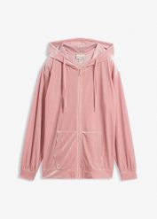 Bluza rozpinana z kapturem z aksamitu. Czerwone bluzy damskie bonprix, bez wzorów, prążkowane, z kapturem. Za 109.99 zł.