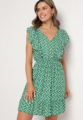 Zielona Rozkloszowana Sukienka z Bawełny w Kwiaty z Guzikami Ronelle. Zielone sukienki damskie Born2be, bez wzorów, z bawełny, eleganckie, bez ramiączek. Za 69.99 zł.