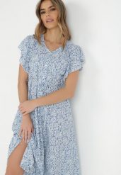 Niebieska Sukienka Megopis. Niebieskie sukienki damskie Born2be, bez wzorów, z materiału, bez ramiączek. Za 139.99 zł.