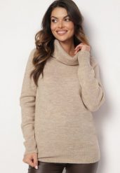 Beżowy Sweter z Wywiniętym Dekoltem Parira. Brązowe swetry klasyczne damskie Born2be, m, bez kołnierzyka. Za 99.99 zł.