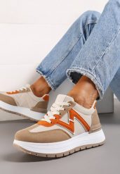 Brązowo-Pomarańczowe Sznurowane Sneakersy na Płaskiej Podeszwie z Metaliczną Wstawką i Brokatem Setraffia. Brązowe obuwie sportowe damskie Renee, z materiału, bez zapięcia. Za 109.99 zł.
