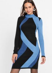 Sukienka dzianinowa żakardowa w modne paski. Niebieskie sukienki damskie bonprix, bez wzorów, z dzianiny, eleganckie, bez ramiączek. Za 122.99 zł.
