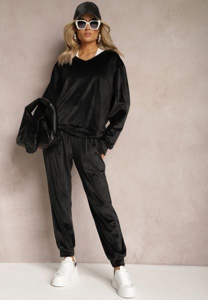 Czarny Komplet Dresowy z Weluru Luźna Bluza z Dekoltem w V i Elastyczne Spodnie z Kieszeniami Esparkia. Czarne bluzy damskie Renee, l, bez wzorów, z dresówki, bez kaptura. Za 109.99 zł.