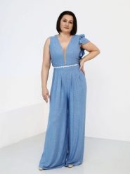 Kombinezon Model Carrina Błękit Połysk - Jersa. Niebieskie kombinezony damskie Jersa, bez wzorów, z elastanu, eleganckie, bez kołnierzyka, bez ramiączek, długie. Za 822.65 zł.