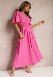 Różowa Sukienka z Luźnymi Rękawami Wiązaniem z Wycięciem na Plecach i Gumką w Talii Valenta. Czerwone sukienki damskie Renee, bez wzorów, z tkaniny, eleganckie, bez ramiączek. W wyprzedaży za 55.99 zł.