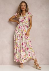 Biało-Różowa Sukienka Arginca. Białe sukienki damskie Renee, z aplikacjami, z materiału, eleganckie, bez ramiączek. W wyprzedaży za 83.99 zł.