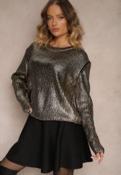 Czarno-Złoty Klasyczny Sweter o Pudełkowym Kroju Ozdobiony Metalicznym Połyskiem Evaniae. Czarne swetry klasyczne damskie Renee, bez kołnierzyka. Za 119.99 zł.