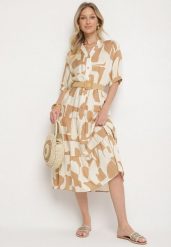 Beżowa Wiskozowa Sukienka z Geometrycznym Wzorem Filarin. Brązowe sukienki damskie Born2be, bez wzorów, z wiskozy, eleganckie, bez ramiączek. W wyprzedaży za 76.49 zł.