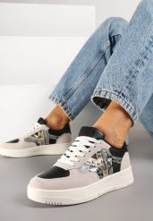Czarno-Beżowe Sneakersy Zdobione Metaliczną Aplikacją i Imitacją Skóry Węża Sarivane. Czarne obuwie sportowe damskie Renee, na lato, z jeansu, bez zapięcia. Za 74.99 zł.