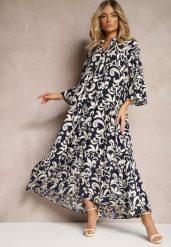 Granatowa Rozkloszowana Sukienka z Wiskozy w Ornamentalny Wzór Irlilena. Niebieskie sukienki damskie Renee, bez wzorów, z wiskozy, eleganckie, bez ramiączek. Za 129.99 zł.