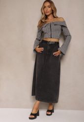 Czarna Jeansowa Spódnica Maxi o Rozkloszowanym Kroju z Paskiem Teviva. Czarne spódnice damskie Renee, na lato, l, bez wzorów, z jeansu, maxi. Za 74.99 zł.