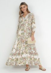 Biała Rozkloszowana Sukienka Oversize w Kwiaty Kylia. Białe sukienki damskie Born2be, bez wzorów, bez ramiączek. W wyprzedaży za 67.99 zł.