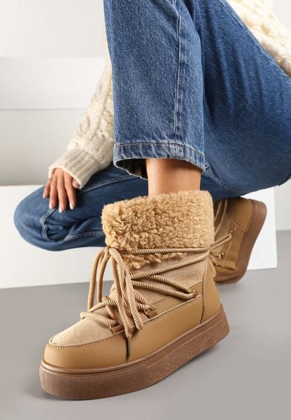 Brązowe Śniegowce na Grubej Podeszwie ze Sznurowaniem i Futerkiem Izantea. Brązowe śniegowce damskie Born2be, z futra. Za 89.99 zł.