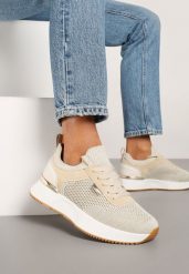 Beżowe Sneakersy z Siateczkową Cholewką Saramis. Brązowe obuwie sportowe casual damskie Renee, z jeansu. Za 89.99 zł.
