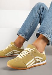 Żółte Sneakersy przed Kostkę z Paskami na Cholewce Deniffia. Żółte obuwie sportowe damskie Renee, przed kostkę, bez zapięcia. Za 74.99 zł.