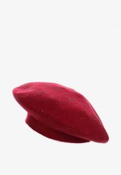 Bordowa Czapka Beret w Naszywki w Cyrkonie Nlaria. Czerwone czapki damskie Renee, z aplikacjami, z dzianiny. Za 44.99 zł.