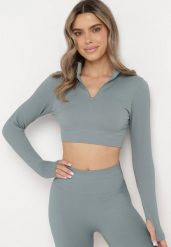 Szara Bluzka Zapinana na Suwak z Wycięciem przy Ściągaczu Aisllain. Szare bluzki damskie Born2be, bez wzorów, eleganckie, bez kołnierzyka, bez ramiączek. Za 29.99 zł.