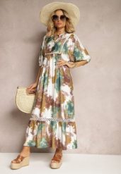 Ciemnozielona Sukienka w Stylu Boho z Krótkim Rękawem z Falbanką i Rękawem 3/4 Valendra. Białe sukienki damskie Renee, bez wzorów, boho, bez ramiączek. W wyprzedaży za 107.99 zł.