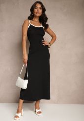 Czarna Sukienka z Wiskozy na Ramiączkach Zdobiona Printem w Prążki Zalirana. Czarne sukienki damskie Renee, z aplikacjami, z jeansu, eleganckie, bez ramiączek. W wyprzedaży za 99.99 zł.