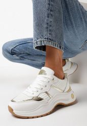 Białe Sneakersy na Płaskiej Podeszwie z Metalicznymi i Brokatowymi Wstawkami Acrila. Białe obuwie sportowe damskie Born2be, na jesień, bez zapięcia. Za 99.99 zł.