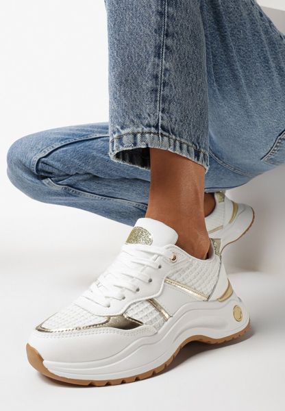 Białe Sneakersy na Płaskiej Podeszwie z Metalicznymi i Brokatowymi Wstawkami Acrila. Białe obuwie sportowe damskie Born2be, na jesień, bez zapięcia. Za 99.99 zł.