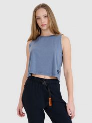 4F Top z efektem sprania damski - granatowy XL. Niebieskie koszulki sportowe damskie 4F, xl, bez wzorów, z bawełny, bez ramiączek, trekkingowe. Za 49.99 zł.