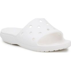 Klapki Crocs Classic Slide 206121-100 białe. Białe klapki damskie bez wzorów, z materiału, bez obcasa, bez zapięcia. Za 239.37 zł.