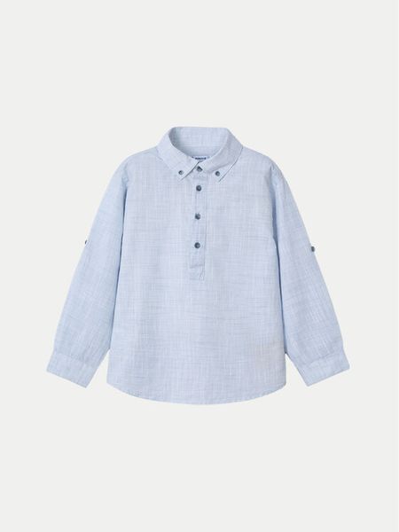 Mayoral Koszula 3118 Niebieski Regular Fit. Niebieskie koszule chłopięce Mayoral, bez wzorów, z bawełny, bez kołnierzyka, bez ramiączek. Za 79.99 zł.