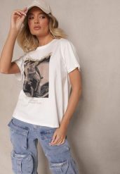 Biały Bawełniany T-shirt z Brokatem i Nadrukiem Nalamis. Białe t-shirty damskie Renee, m, z aplikacjami, z bawełny, bez kołnierzyka. Za 34.99 zł.