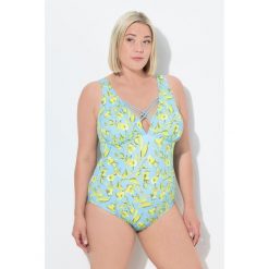 Damski Strój kąpielowy kwiaty miękkie miseczki ozdobne tasiemki. Niebieskie stroje jednoczęściowe Ulla Popken, bez wzorów, z elastanu. Za 244.99 zł.