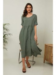 Joséfine Lniana sukienka "Gustav" w kolorze oliwkowym rozmiar: XL. Brązowe sukienki damskie Joséfine, bez wzorów, ze lnu, bez ramiączek. Za 195.99 zł.