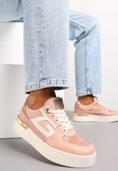 Różowe Sznurowane Sneakersy na Grubej Podeszwie z Metaliczną Wstawką Faeline. Czerwone obuwie sportowe damskie Renee, bez zapięcia. Za 74.99 zł.