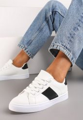 Bialo-Czarne Sneakersy Ozdobione Cyrkoniami Perlara. Białe obuwie sportowe damskie Born2be, z materiału, bez zapięcia. Za 79.99 zł.