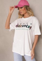 Biały T-shirt Oversize Ozdobiony Napisem i Kolorowymi Gwiazdami Ilamora. Białe t-shirty damskie Renee, l, bez wzorów, z jeansu, bez kołnierzyka. Za 39.99 zł.