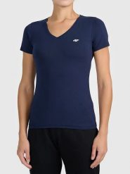 4F Koszulka w kolorze granatowym rozmiar: M. Niebieskie bluzki damskie 4F, m, bez wzorów, z bawełny, bez kołnierzyka, bez ramiączek. Za 25.99 zł.